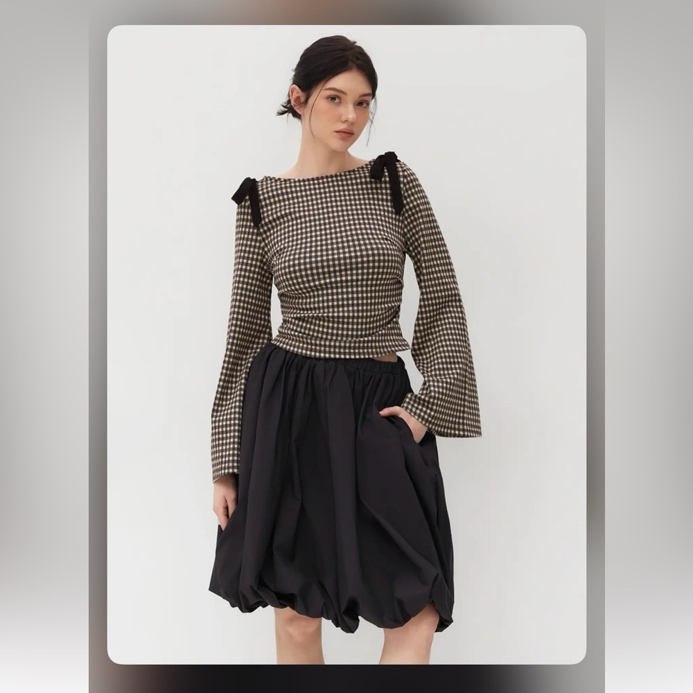 Cider BOAT NECK GINGHAM BOWKNOT RUCHED LONG SLEEVE TOP CC19-12 XS - Picture 4 of 8